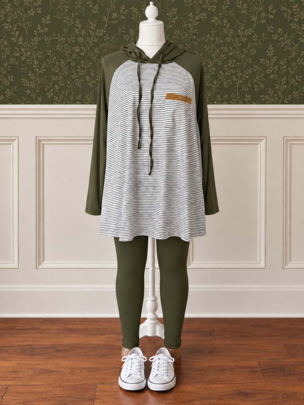 Black and White Stripe Hooded Tunic Top Olive Sleeves 4XL Plus Sized